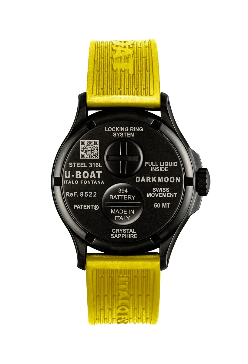 Reloj U-Boat Darkmoon BK Yellow caja acero PVD correa silicona 9522 trasera