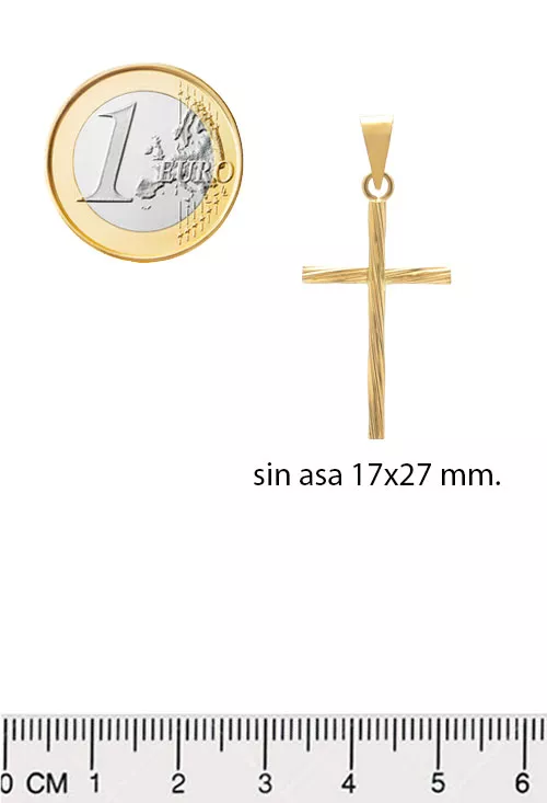 Cruz oro 18 ktes maciza mod. leña 038_LO-024-23AM03 cruz de oro 18 ktes modelo macizo con grabado tipo leña foto con medidas