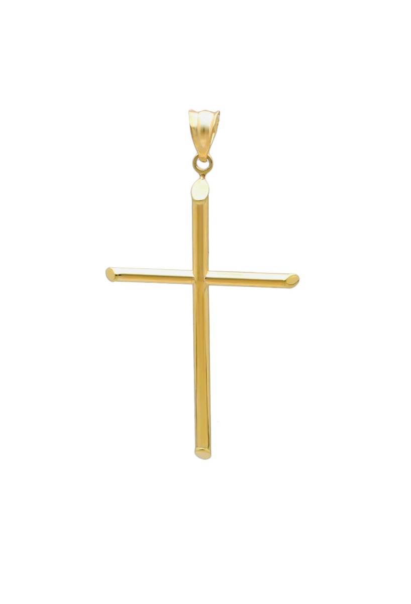 cruz de oro amarillo 18 ktes chanela redonda corte sesgado con asa de escudo foto frontal