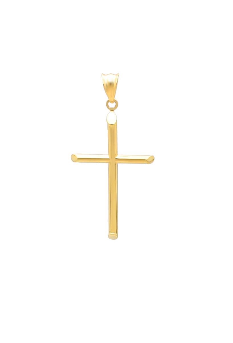 cruz de oro amarillo 18 ktes chanela redonda corte sesgado con asa de escudo foto frontal