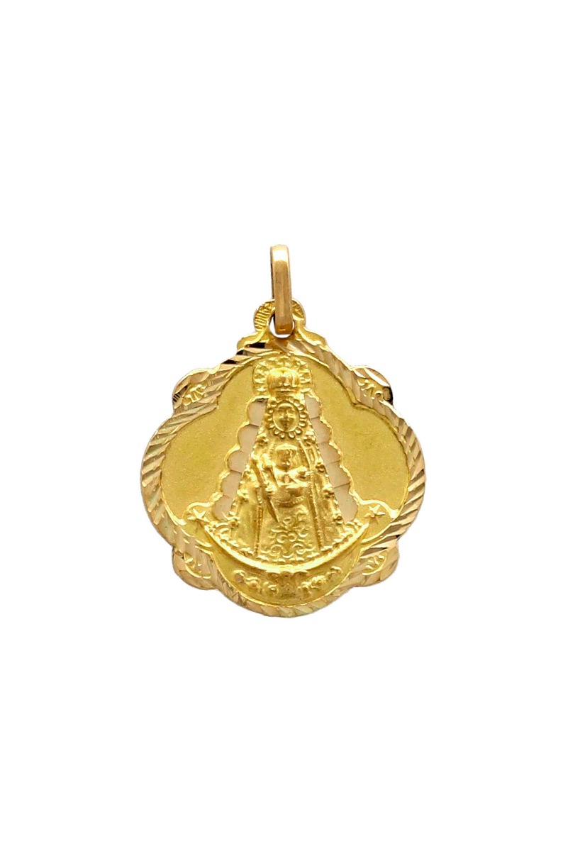 medalla de oro amarillo 18 ktes virgen del rocio modelo pandereta vista frontal