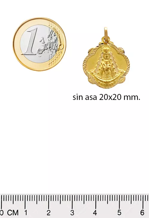 Medalla de oro 18kts Virgen del Rocio mod. pandereta 038_LO-024-23AM04 medalla de oro amarillo 18 ktes virgen del rocio modelo pandereta vista con medidas