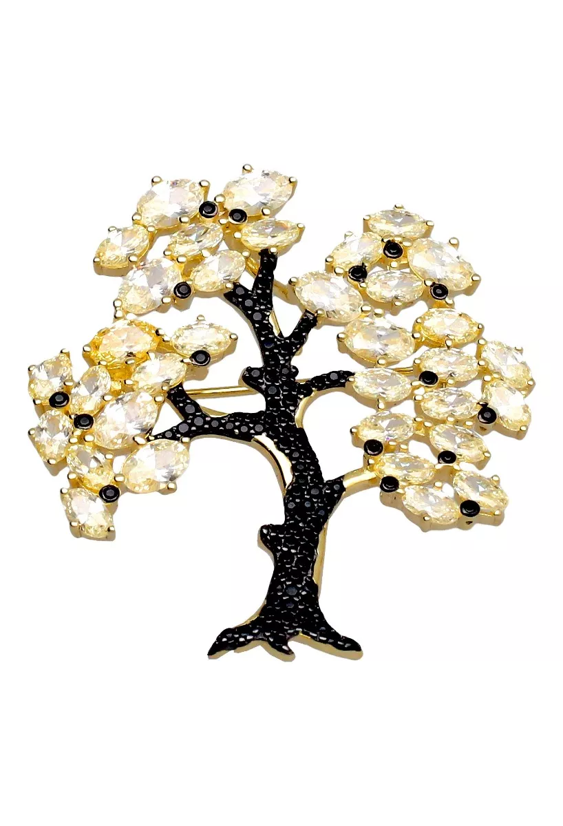 Broche de plata plara solapa arbol de la vida 252_BAB6094-AMA-LI broche de plata chapada en oro con cuarzos amarillos y circones negros foto frontal