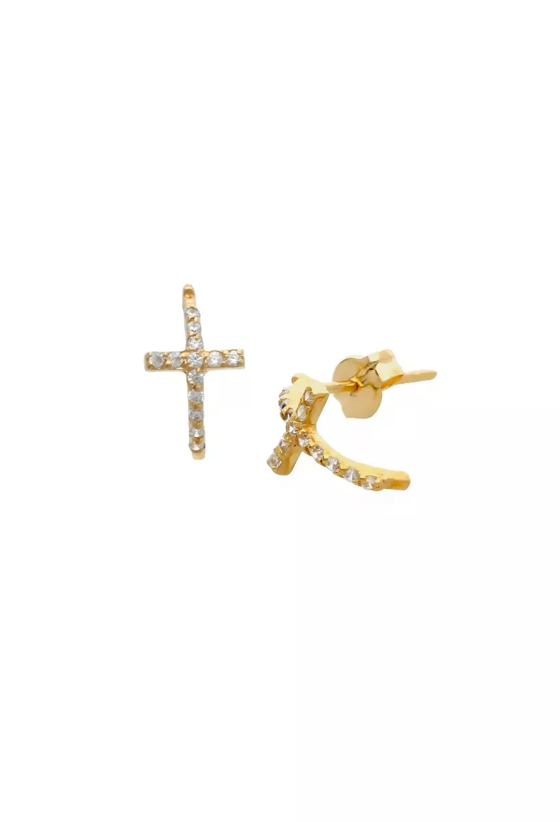 Pendientes en oro 18k cruz con circonitas para hombre o mujer 002_56456-P Pendientes en oro 18k cruz con circonitas 002_56456-P