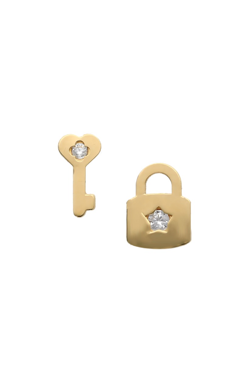 Pendientes en oro 18k llave y candado con circonitas 002_56471-P