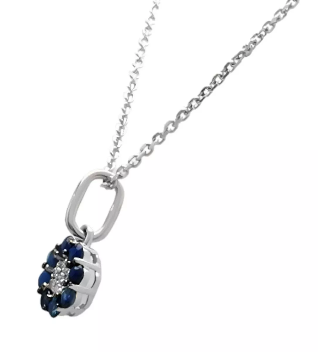 Gargantilla oro blanco motivo roseta zafiros y brillantes 243_365-01235 gargantilla oro blanco 18 kilates motivo roseta de brillantes y zafiros vista lateral