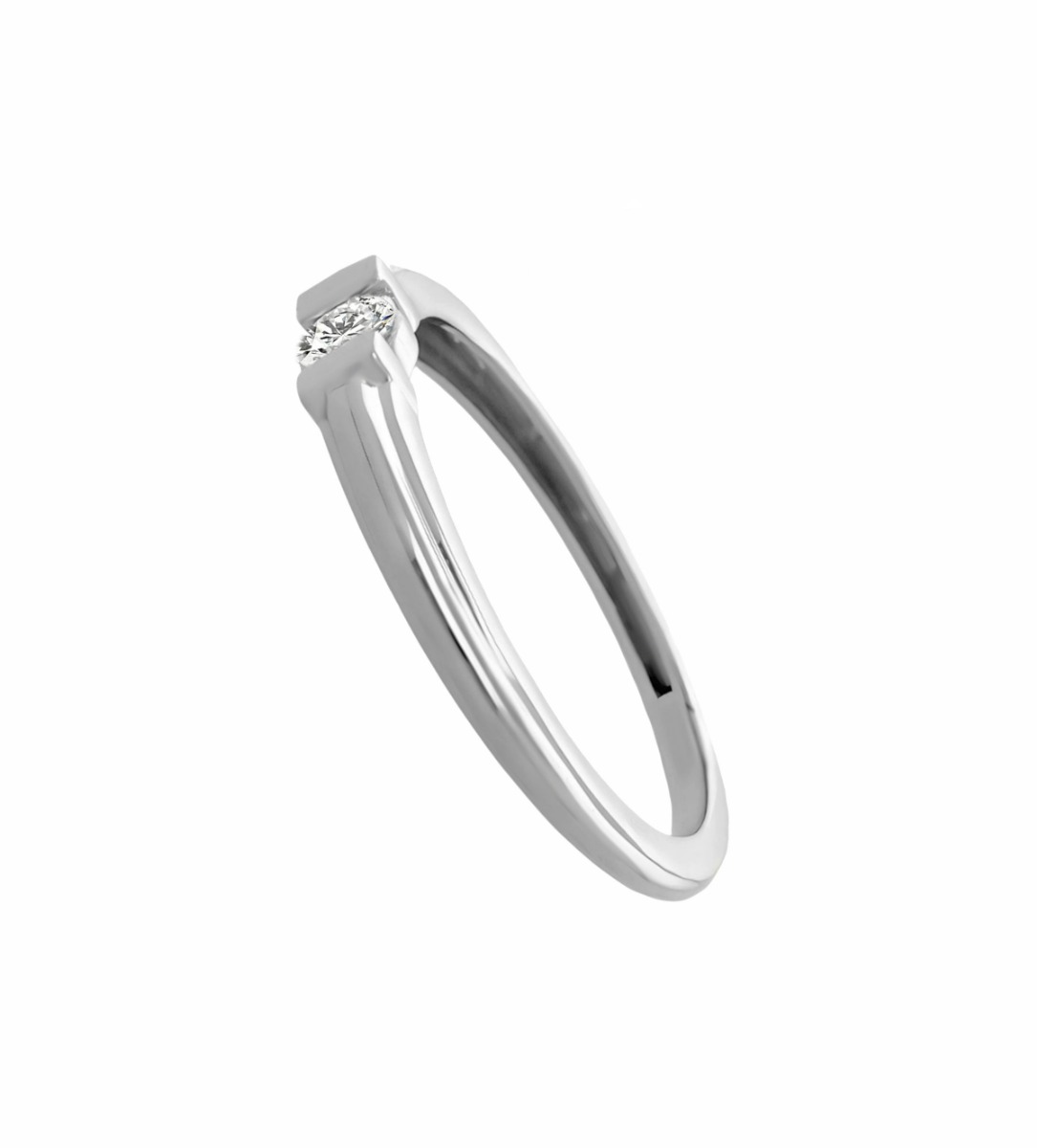 anillo de compromiso oro blanco 18 ktes con diamante talla brillante engastado a presión, fotografía lateral
