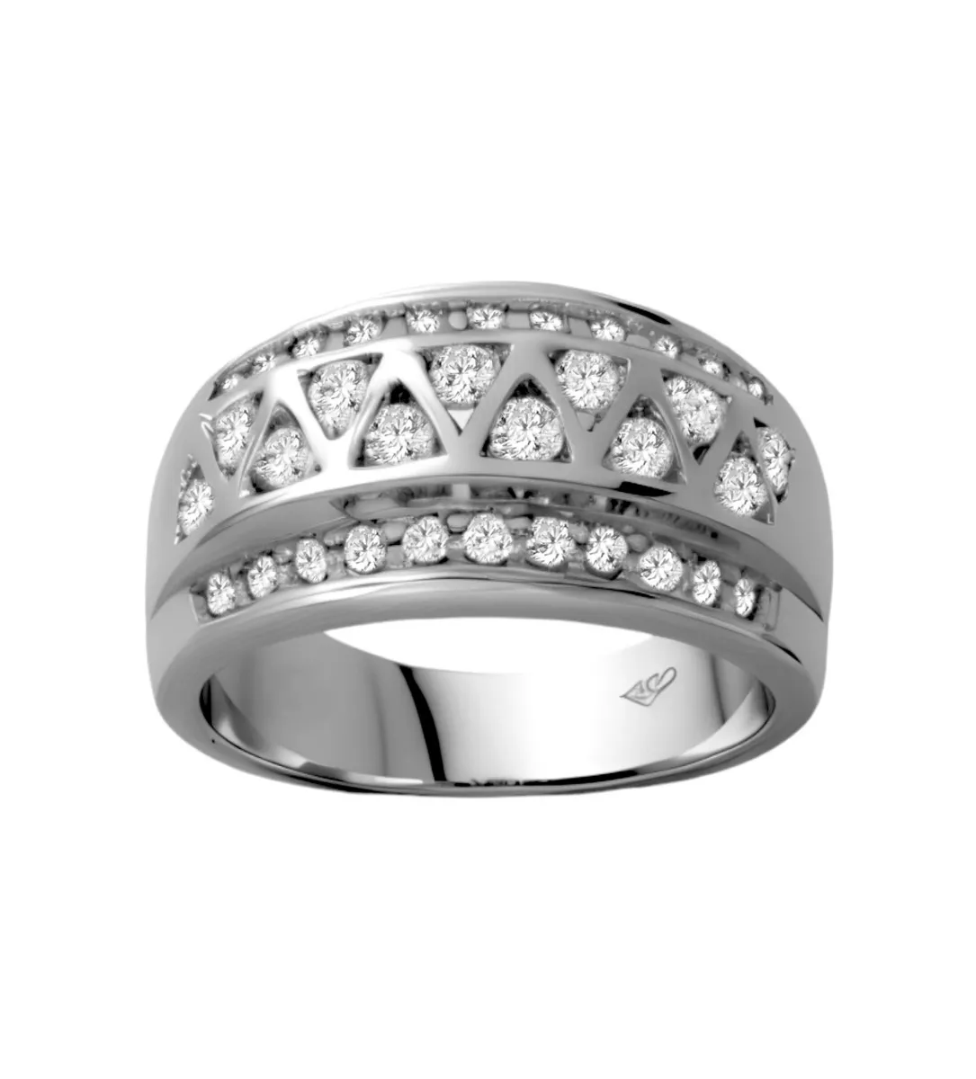 Anillo de oro blanco con diamantes "Sueño Real" Anillo de oro blanco 18 ktes. con diamantes talla brillante dispuestos en greca, foto frontal.