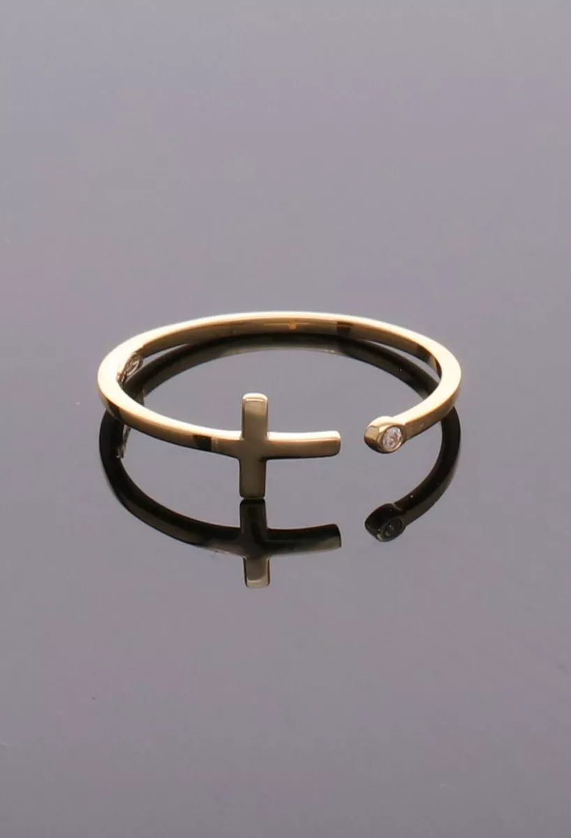 Anillo oro 18k abierto con cruz y una circonita 243_401-01227 fondo negro