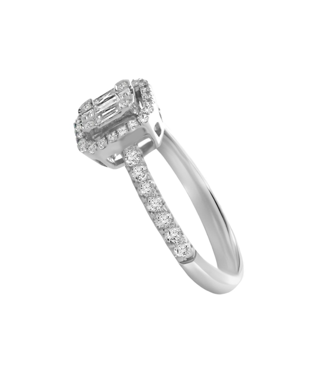 anillo de oro blanco 18k con diamante talla baguette y talla brillante vista lateral