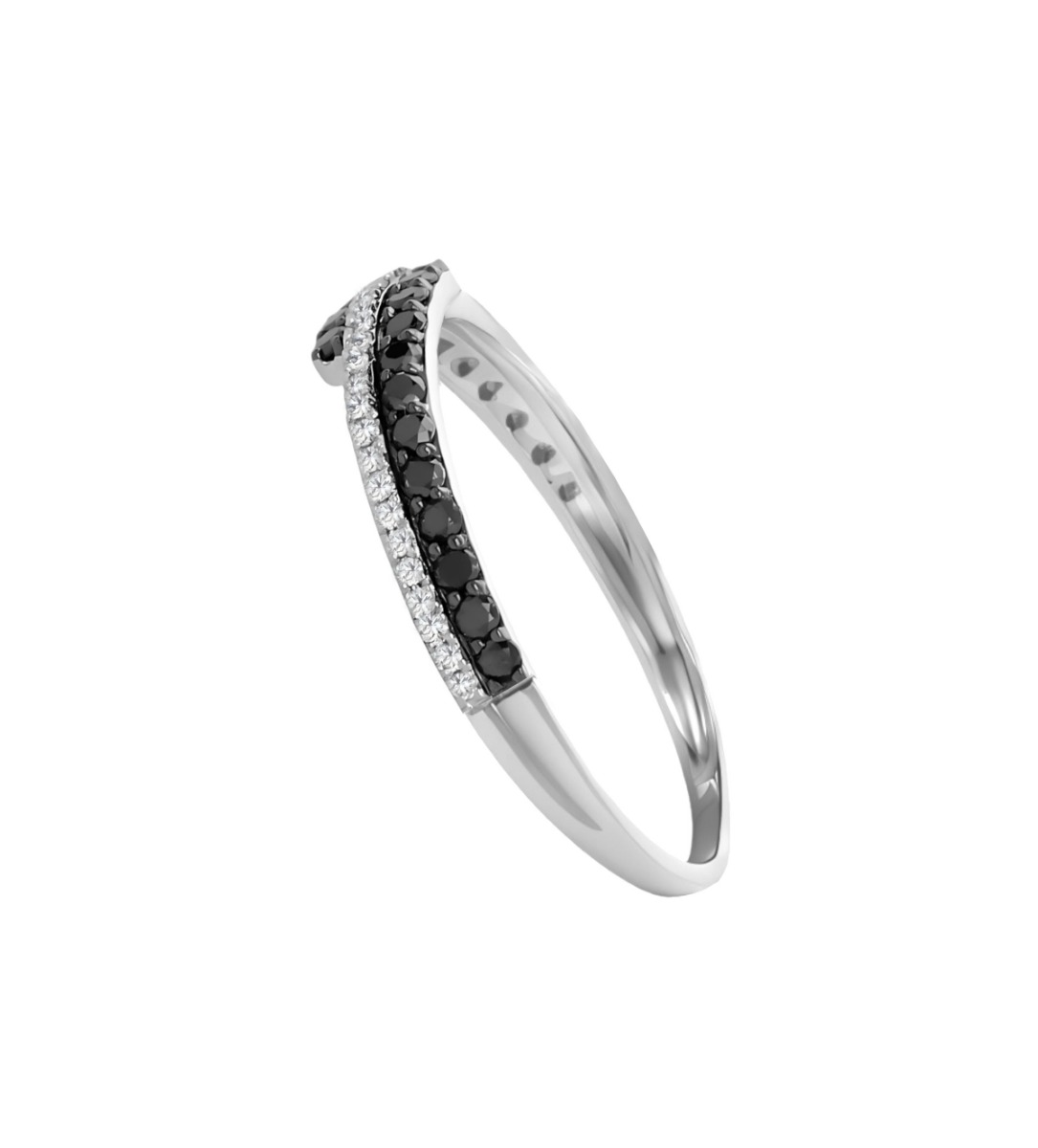 anillo oro blanco 18k con diamantes blancos y negros vista lateral