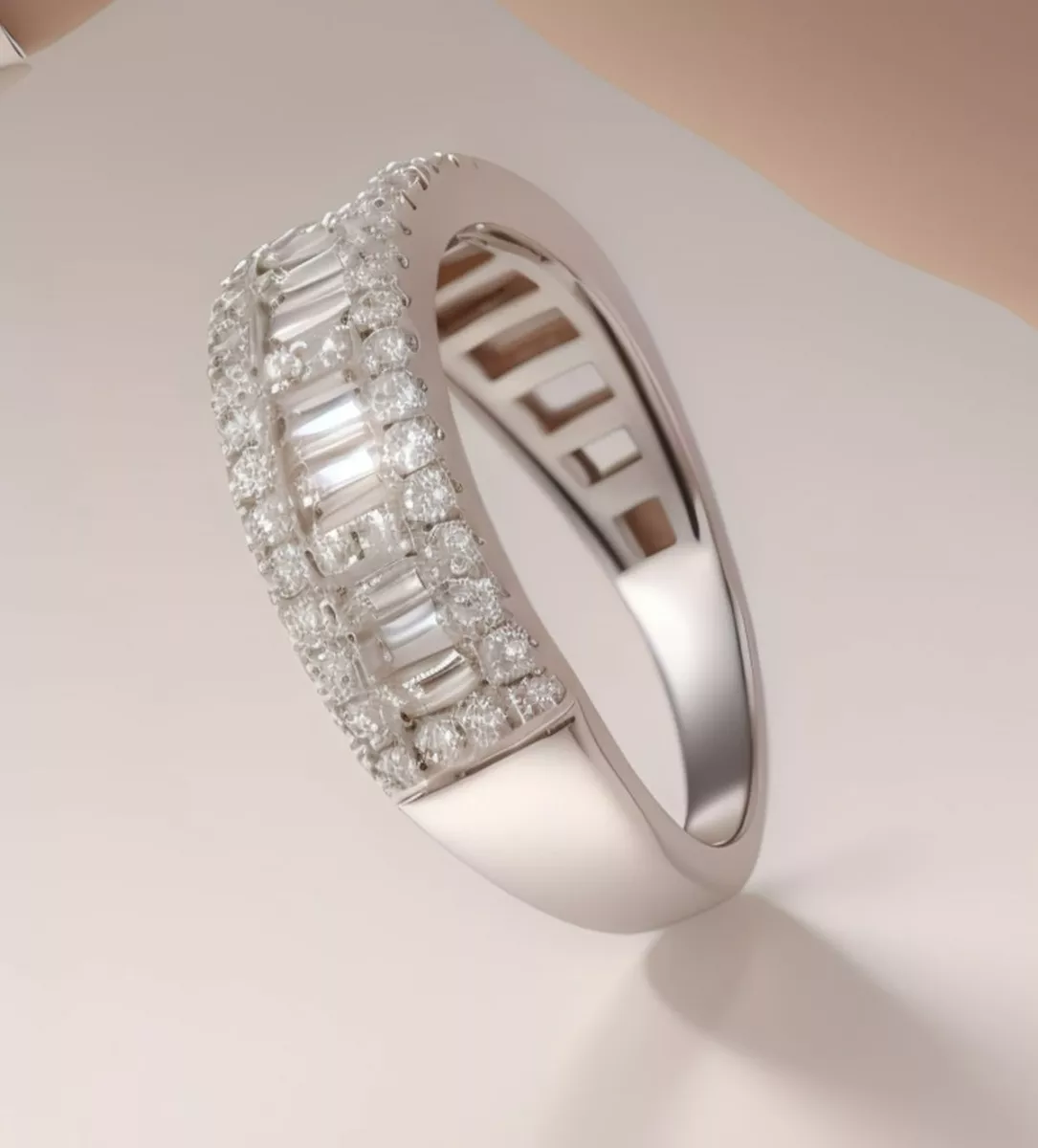 Anillo de compromiso oro blanco con diamantes talla baguette y talla brillante 243_302-00760 anillo de compromiso o regalo de aniversario, diseño lujoso e impresionante foto render