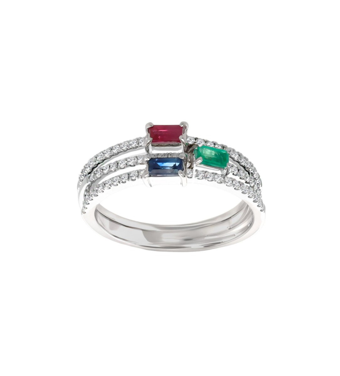 anillo oro blanco y diamantes con rubi esmeralda y zafiro, 3 anillos individuales para formar una joya única, foto 1