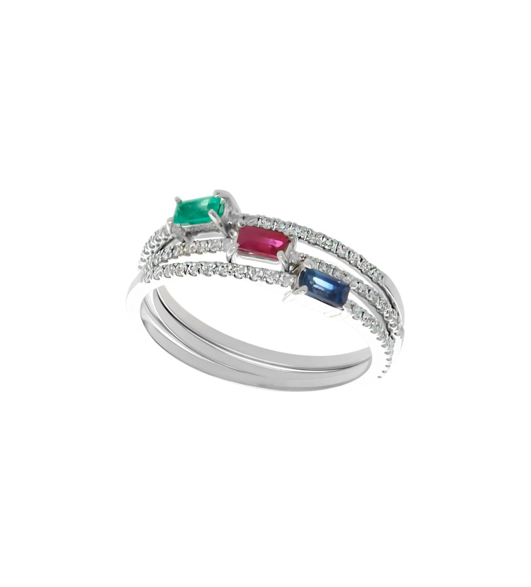 anillo oro blanco y diamantes con rubi esmeralda y zafiro, 3 anillos individuales para formar una joya única, foto 2