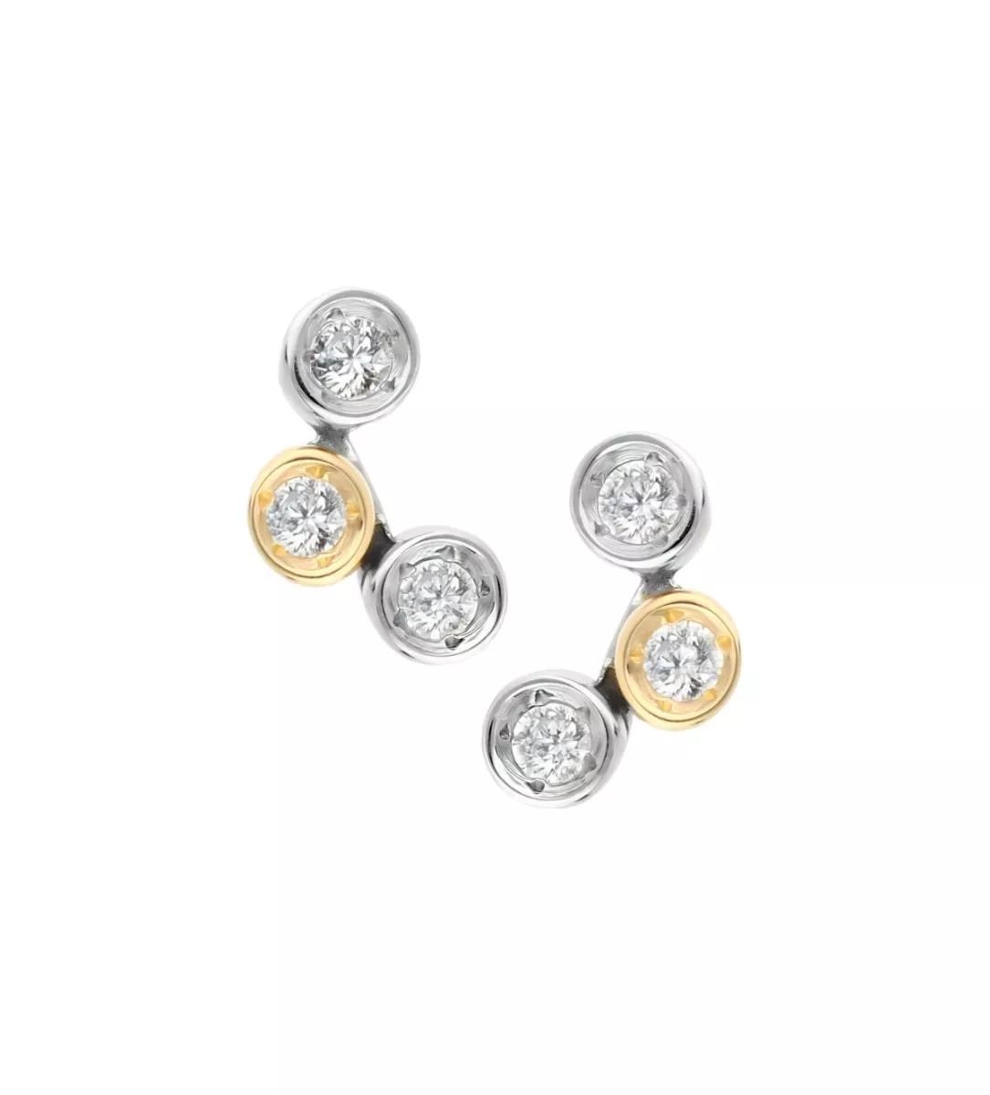 pendientes oro bicolor dos en uno vista frontal. de los aretes completos