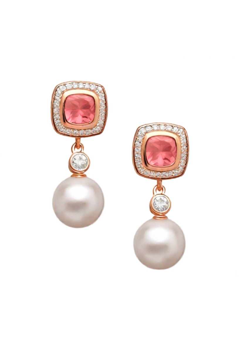 Pendientes plata chapada con perla cultivada y cuarzo rosa 252_BE54686-ROJ-RS