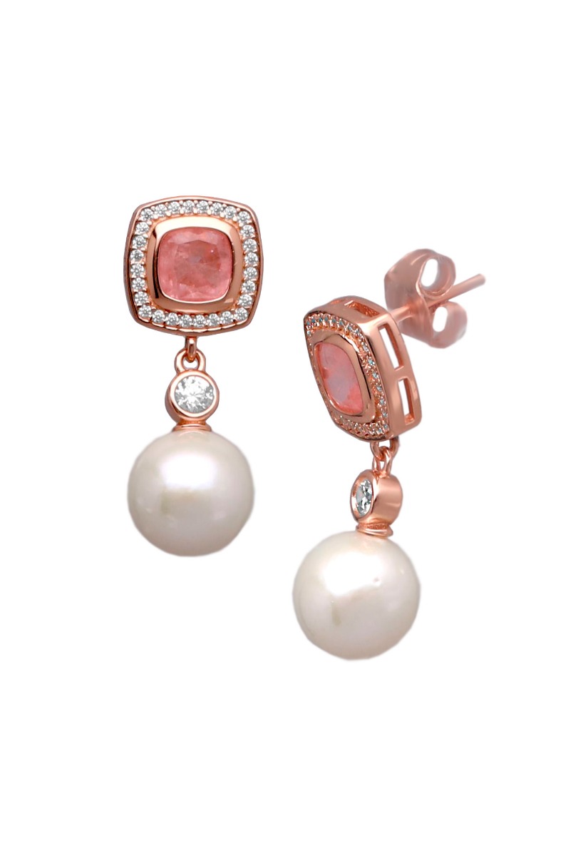 Pendientes plata chapada con perla cultivada y cuarzo rosa 252_BE54686-ROJ-RS 2
