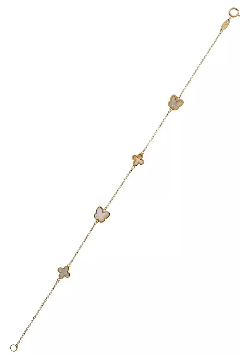 Pulsera de oro amarillo 18 ktes y nacar, entrepiezas mariposas y cruces foto extendida