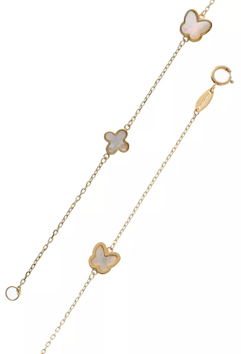 Pulsera de oro amarillo 18 ktes y nacar, entrepiezas mariposas y cruces foto detalle