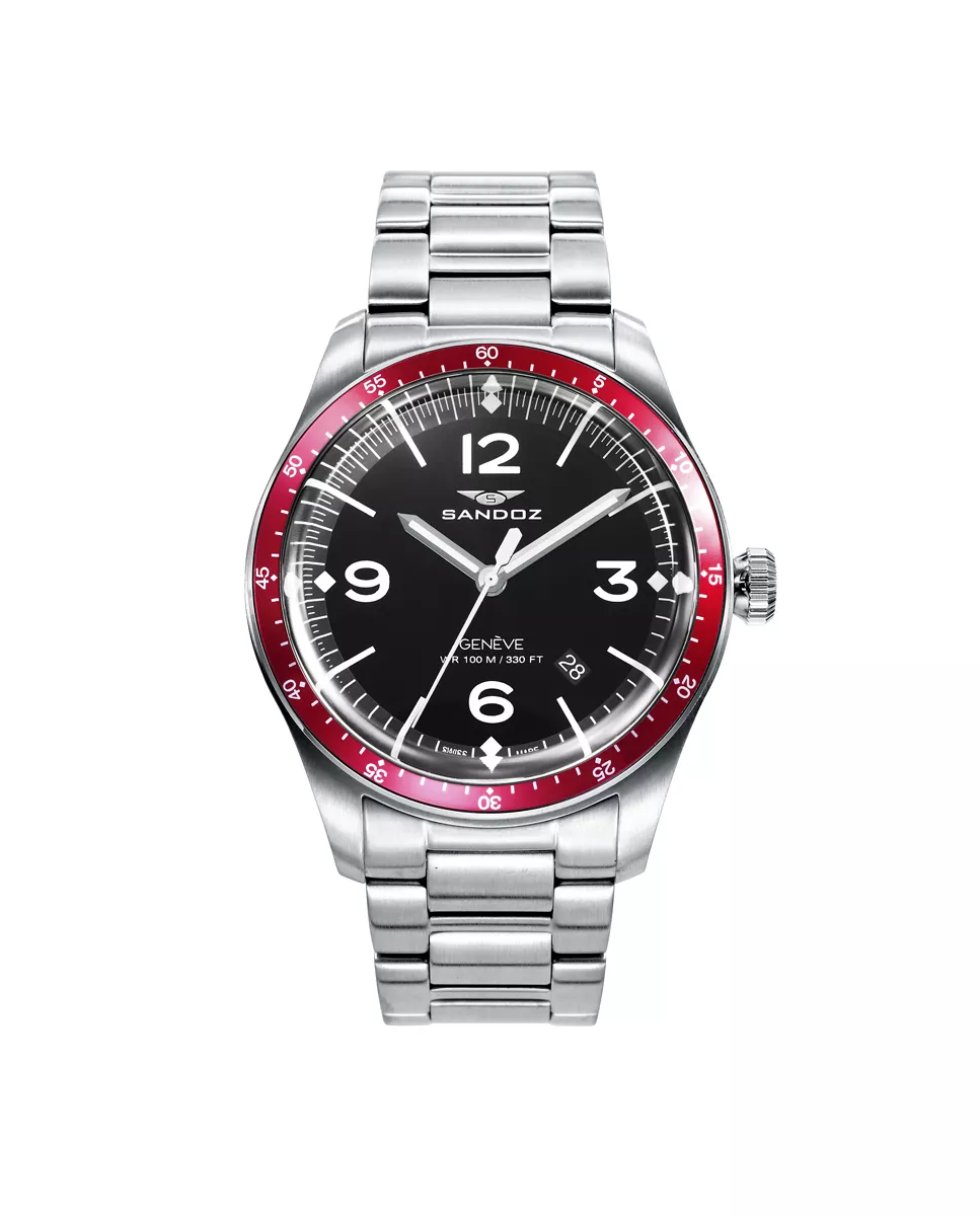 Reloj Sandoz colección Vitesse acero bisel rojo 81501-54