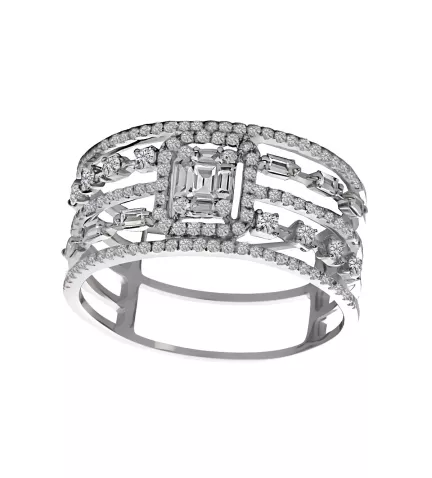 anillo de oro blanco con diamantes talla brillante y baguettes