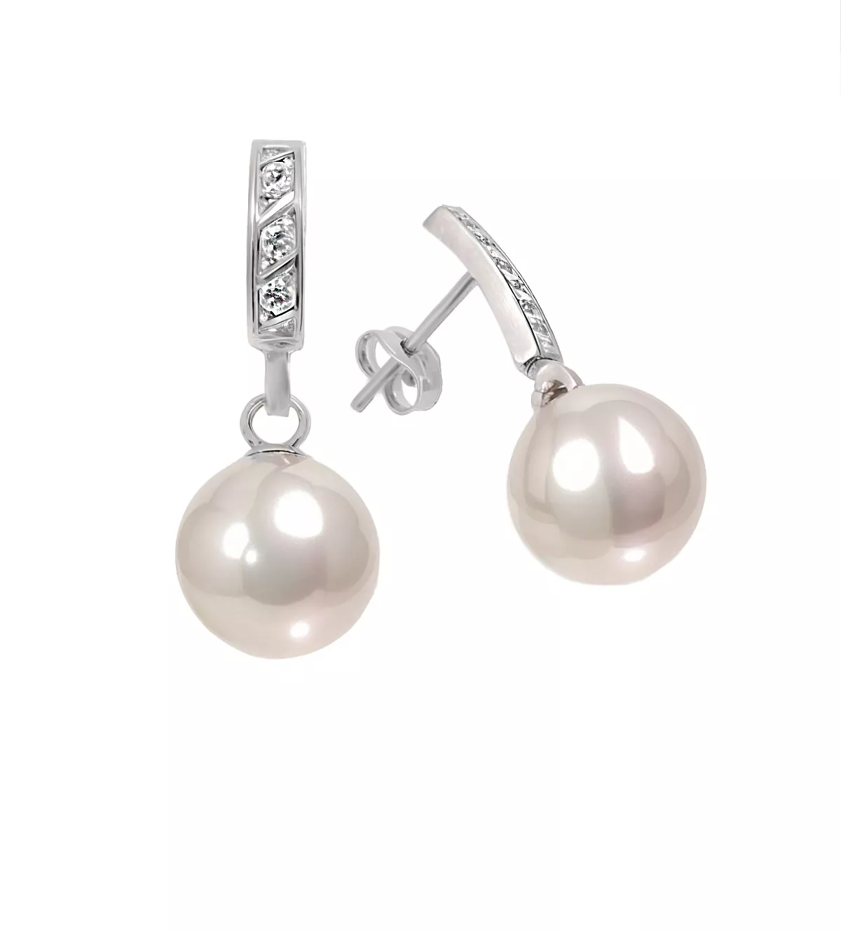 Pendientes de oro blanco 18k "Nívea" pendientes de oro con perla y circones detalle lateral