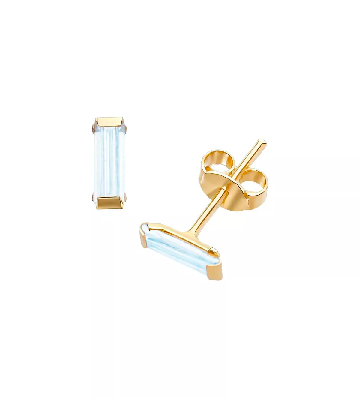 Pendientes de oro "Cristalino Azul" pendientes de oro con circones baguette azules toma frontal y lateral