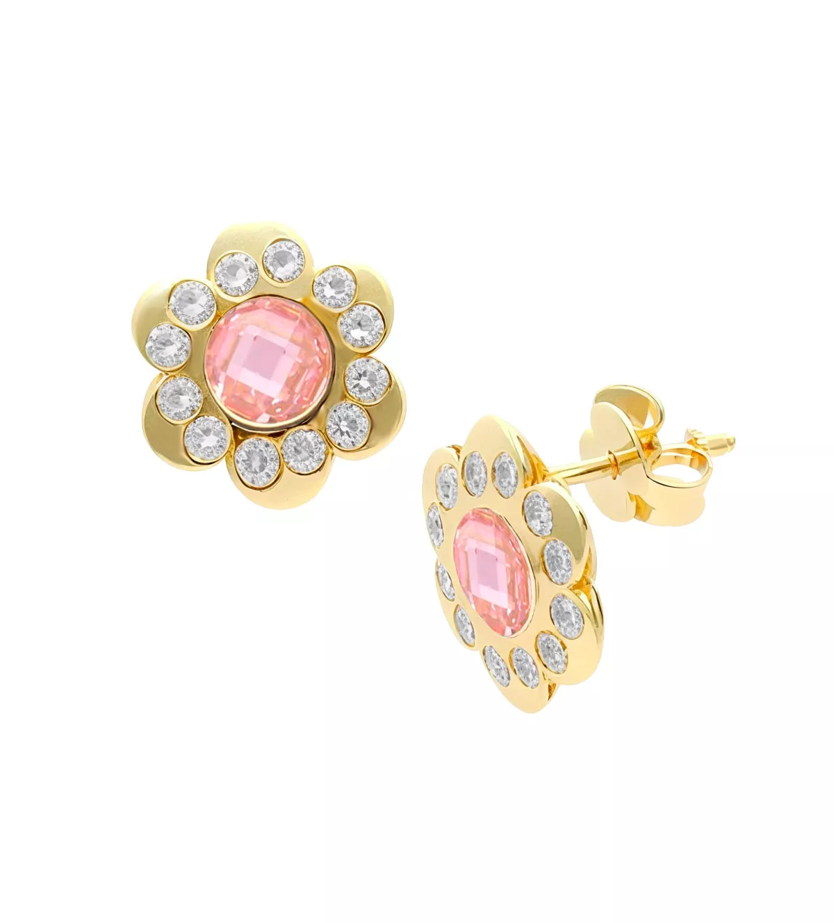 Pendientes de oro 18k "Flor Rosa" pendientes de oro con circones y rosa de francia toma lateral