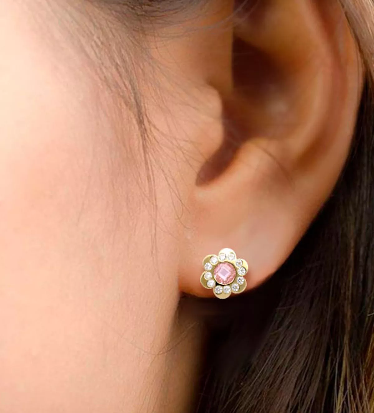 Pendientes de oro 18k "Flor Rosa" pendientes de oro con circones y rosa de francia mujer