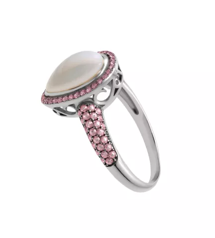 anillo de plata Aurora Boreal opalo y circones rosas foto de lado