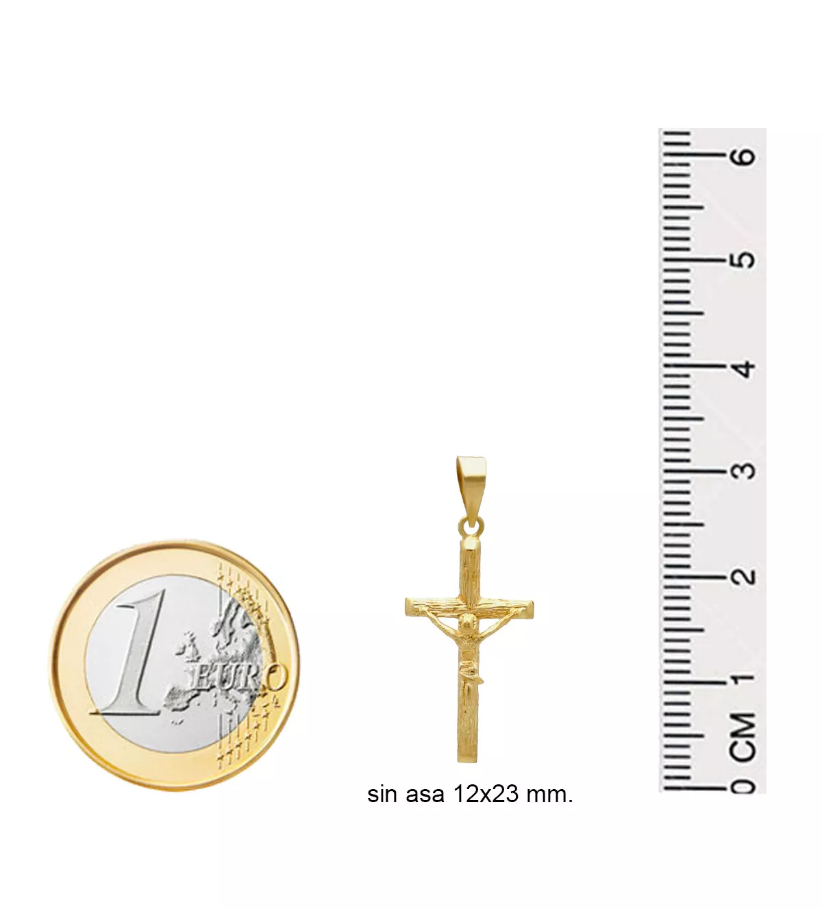 Cruz de oro amarillo 18 kilates 038_LO-034-24AM01 cruz de oro con cristo y cruz como tronco toma con regla y moneda