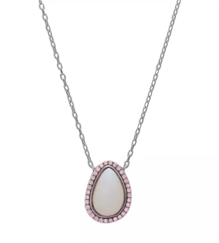 gargantilla de plata aurora boreal opalo y circones rosas vista de frente