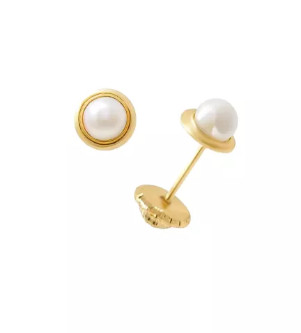 pendientes de bebe oro amarillo 18 ktes con perlas cultivadas foto toma de lado y frontal