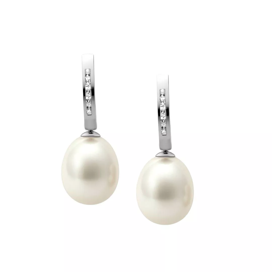Pendientes de oro blanco perlas y circones "Toques Reales" pendientes de oro blanco 18k con circones y perlas cultivadas