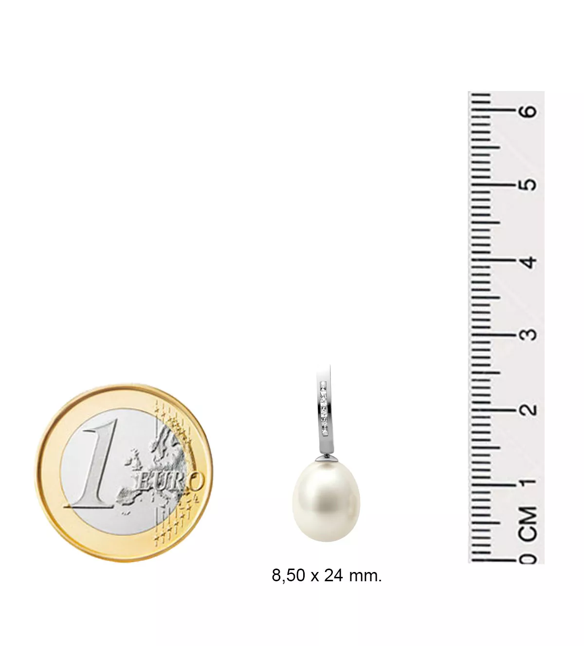 Pendientes de oro blanco perlas y circones "Toques Reales" pendientes de oro blanco 18k con circones y perlas cultivadas foto medidas