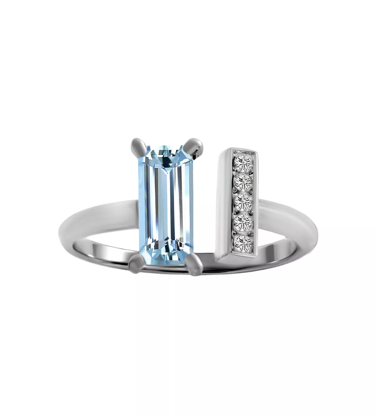 Anillo de oro blanco 18 ktes "Amanecer Azul" Anillo de oro blanco con topacio azul de 1,23 ct y 5 diamantes talla brillante. Diseño abierto, elegante y exclusivo