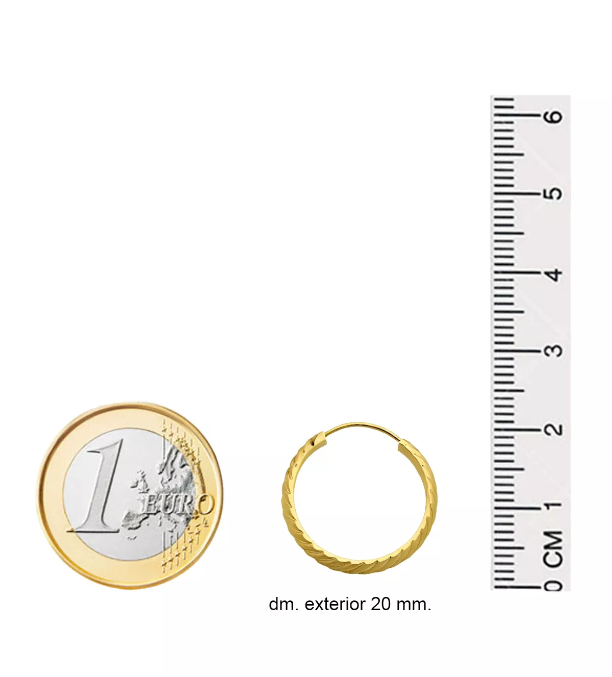 Pendientes de oro Criollas Gallonadas 20mm. pendientes de oro aros gallonados de 20 mm de dm foto con regla en mm