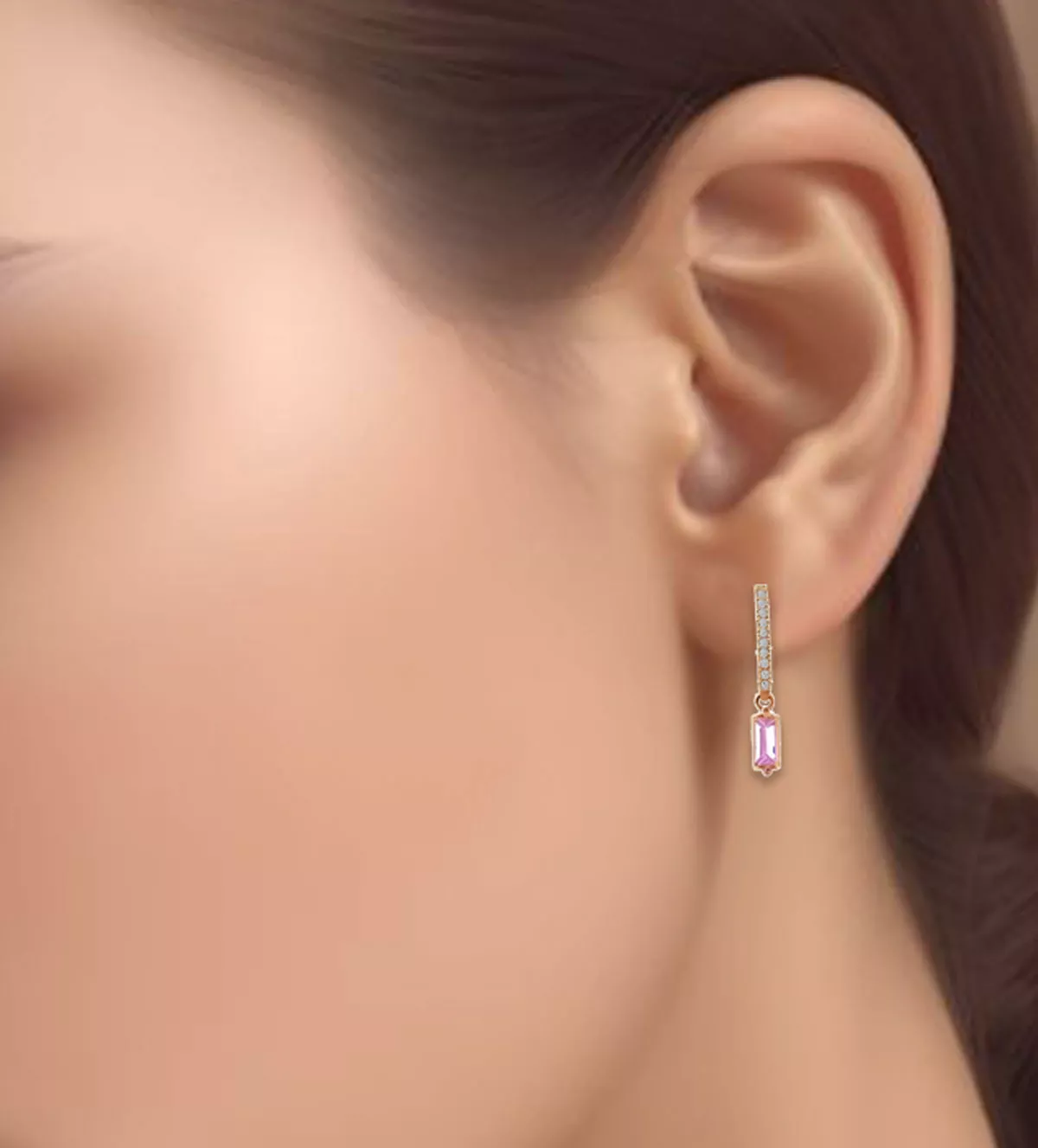 Pendientes de oro blanco 18ktes Brisa Rose pendientes de oro rosa con diamantes y cuarzo rosa vista con medidas