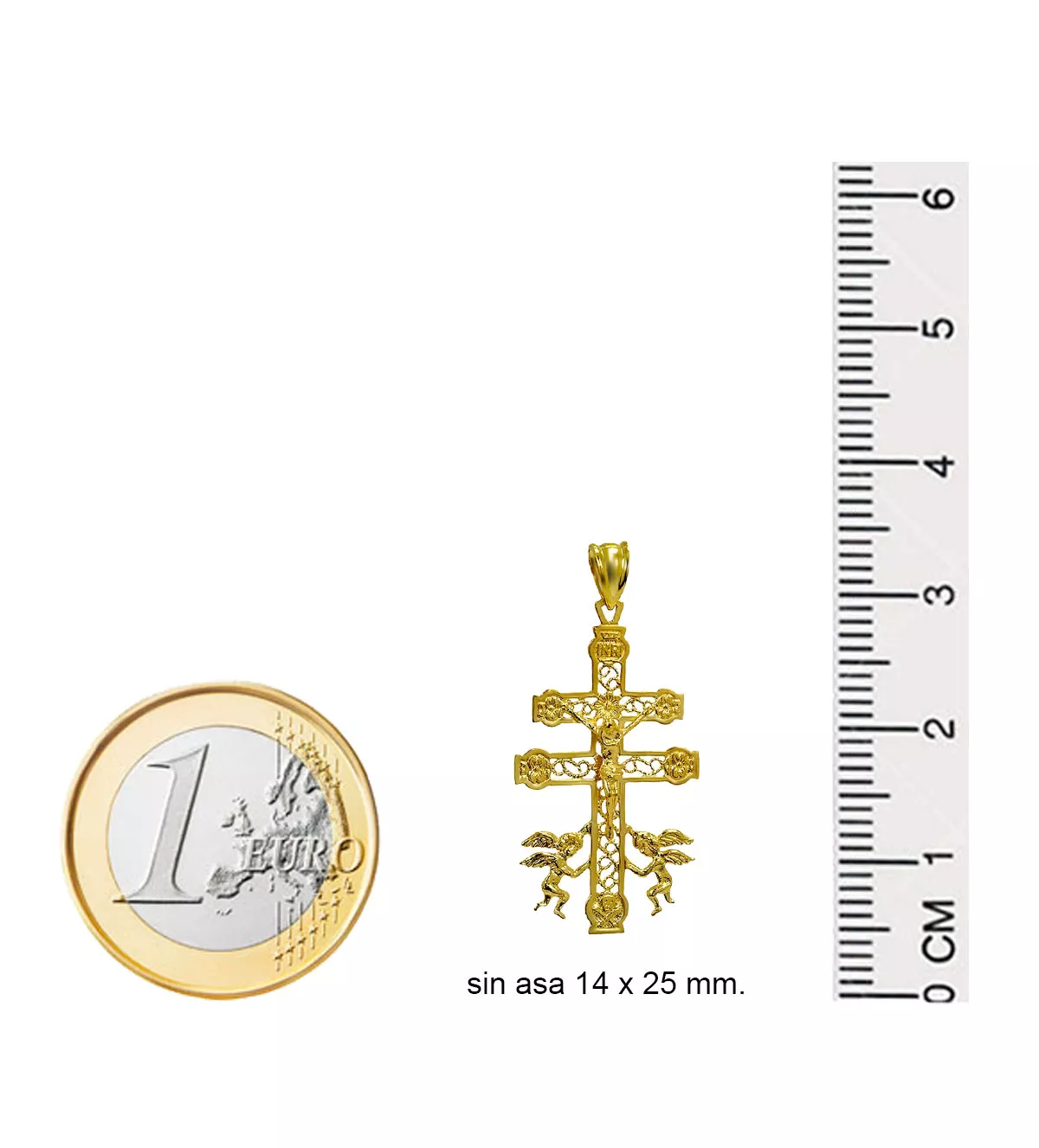 Cruz de oro 18 ktes Caravaca 25X4 cruz de oro Caravaca Calada vista con medidas