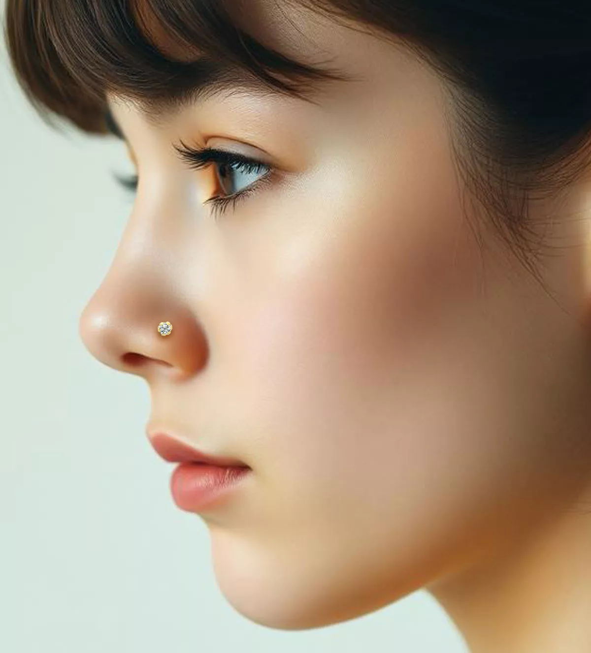 Piercing de oro para nariz oro 18K HAZ piercing de nariz oro y circon fotos con modelo IA