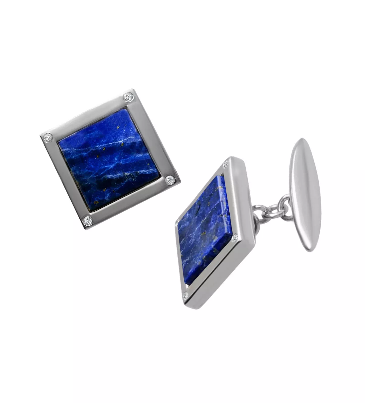 Gemelos de oro blanco y lapislázuli "Legado Azul" gemelos de oro blanco 18k con lapislazuli y diamantes vista lateral