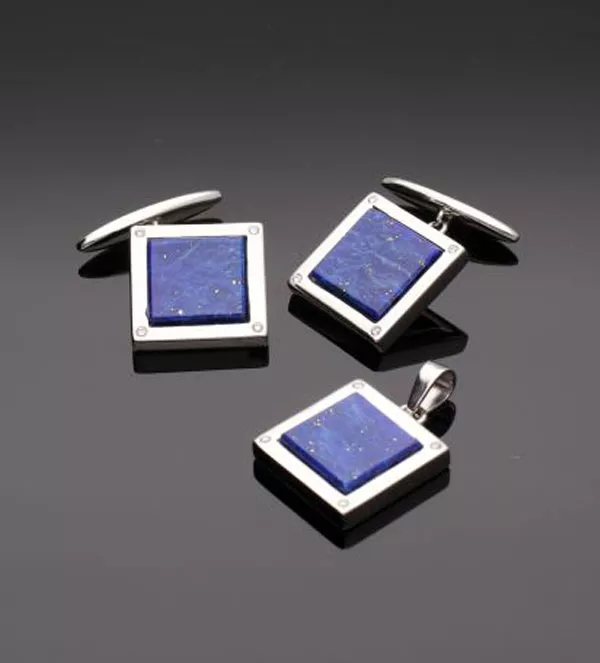 Gemelos de oro blanco y lapislázuli "Legado Azul" gemelos de oro blanco 18k con lapislazuli y diamantes vista conjunto sin retoque