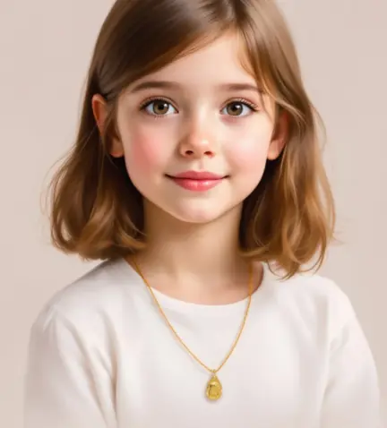 medalla de oro virgen niña forma pera vista con modelo IA