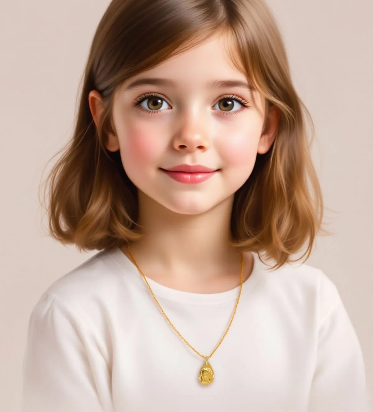 medalla de oro virgen niña forma pera vista con modelo IA