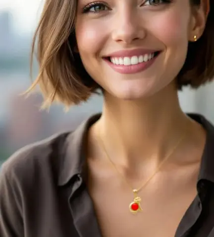 colgante-de-oro-gato-con-piedra-cabujon-146_L014 foto con modelo