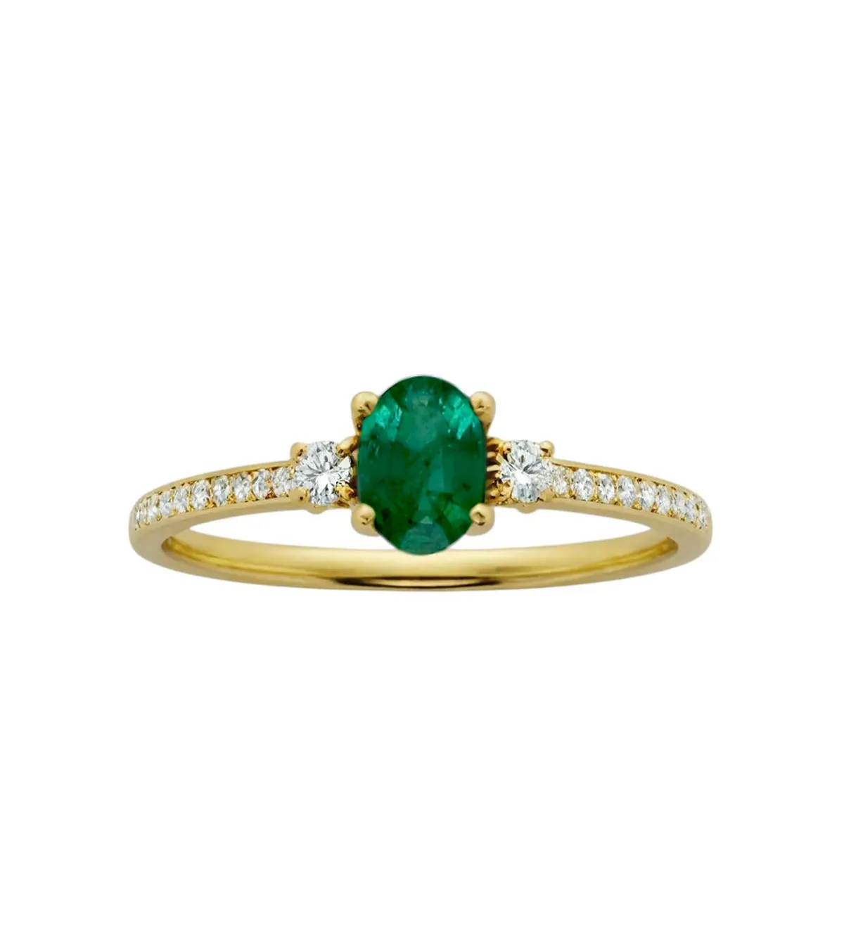 Anillo de oro amarillo 18k con diamantes y esmeralda 0,51 ct