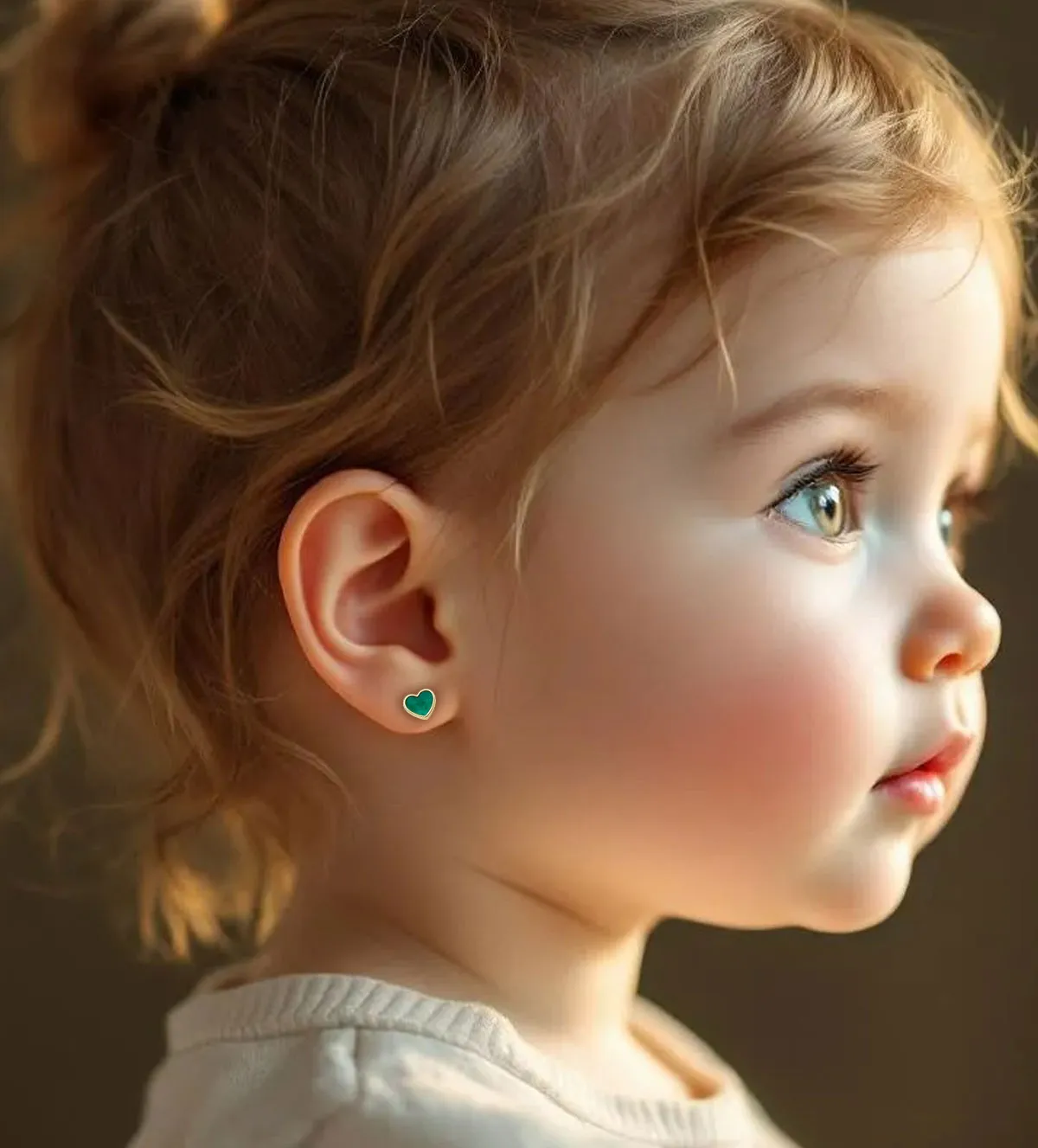 Pendientes de bebe oro 18k y malaquita 323_23105 pendientes de bebe oro 18 ktes y malaquita forma de corazon para bebe o ninas foto con modelo