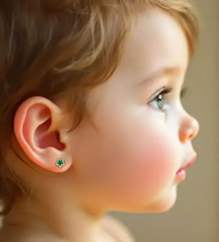 pendientes de bebe oro amarillo 18 ktes con malaquita forma de estrella foto modelo bebe