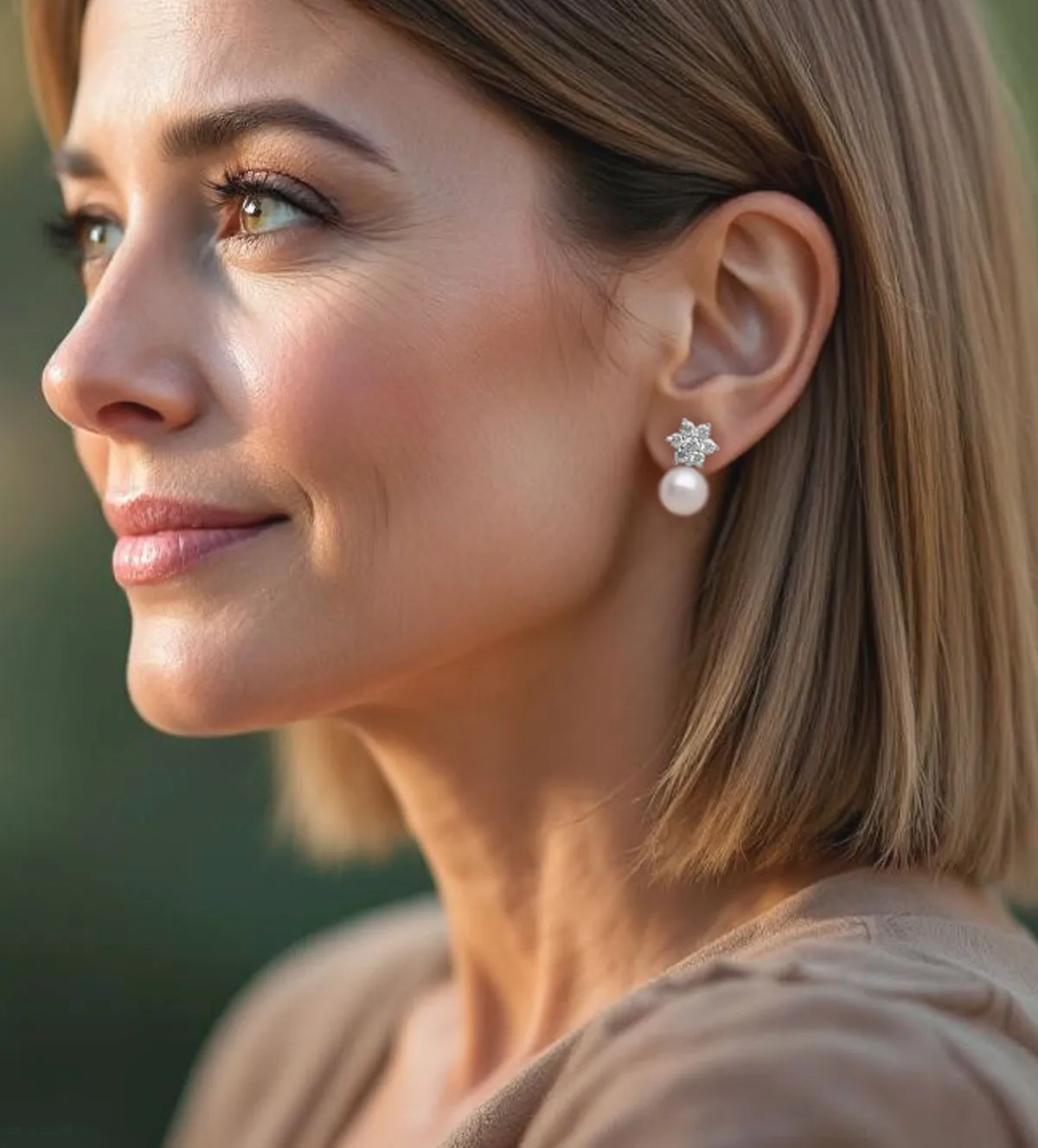 Pendientes de plata con perla y circones 136_A35117 pendientes-de-plata-con-perla-cultivada-y-circones-136_A35117 foto modelo mujer mediana edad