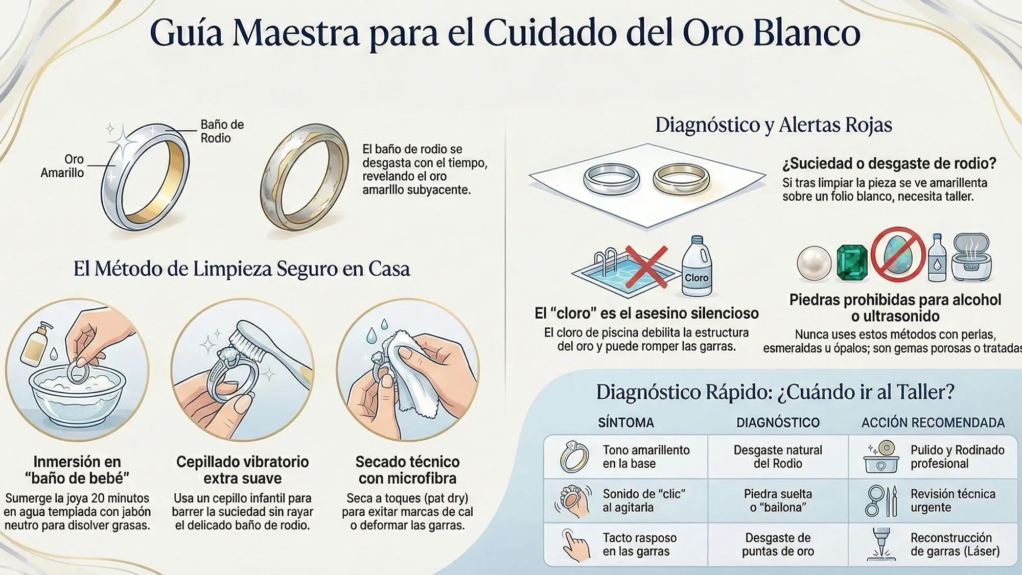 Oro Blanco ¿Cómo limpiar tus joyas en casa? Trucos profesionales para recuperar el brillo con poder este 2026 oro